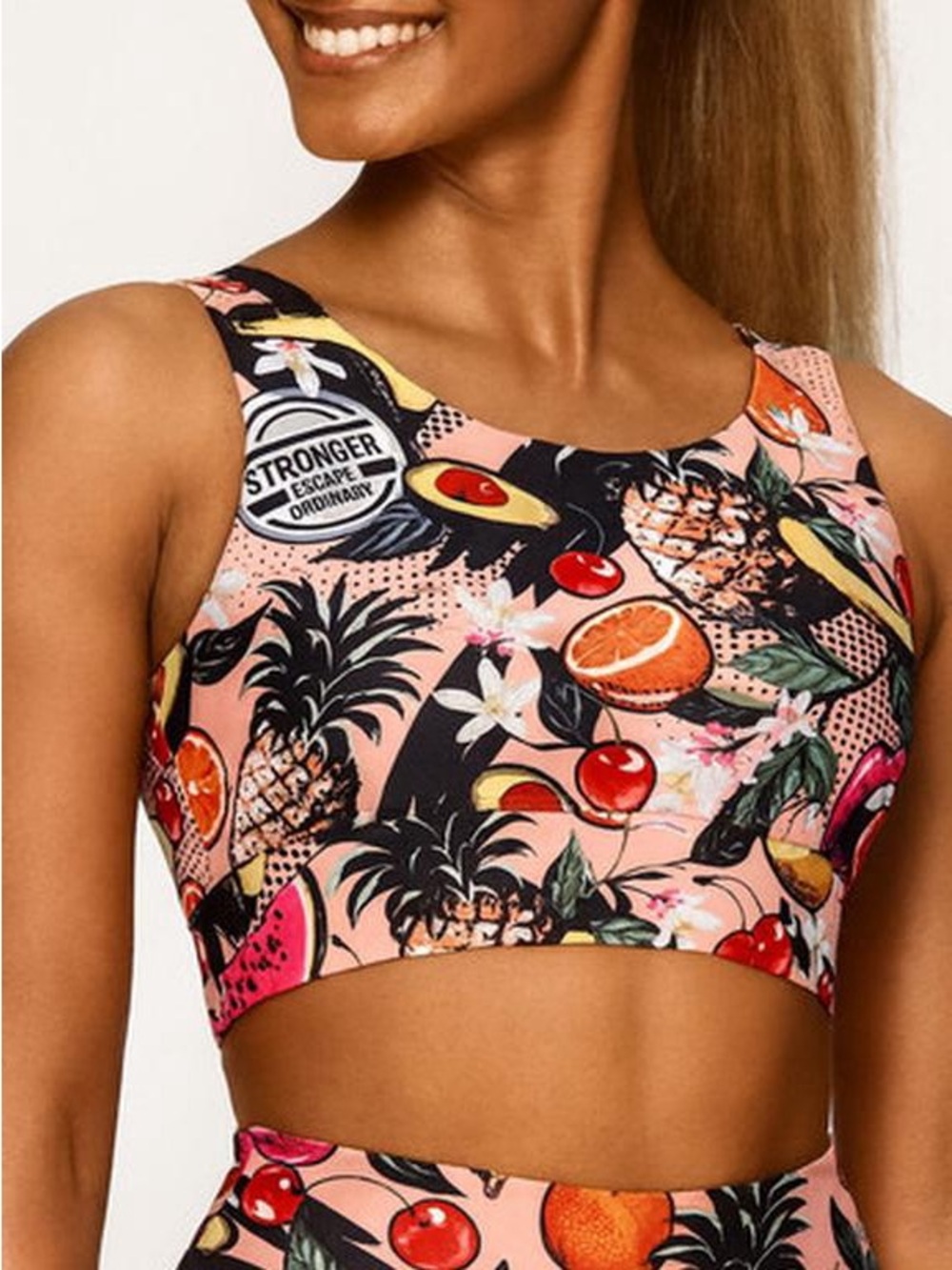 STRONGER Pink Tropical Fruit High-Neck Sports Bra
